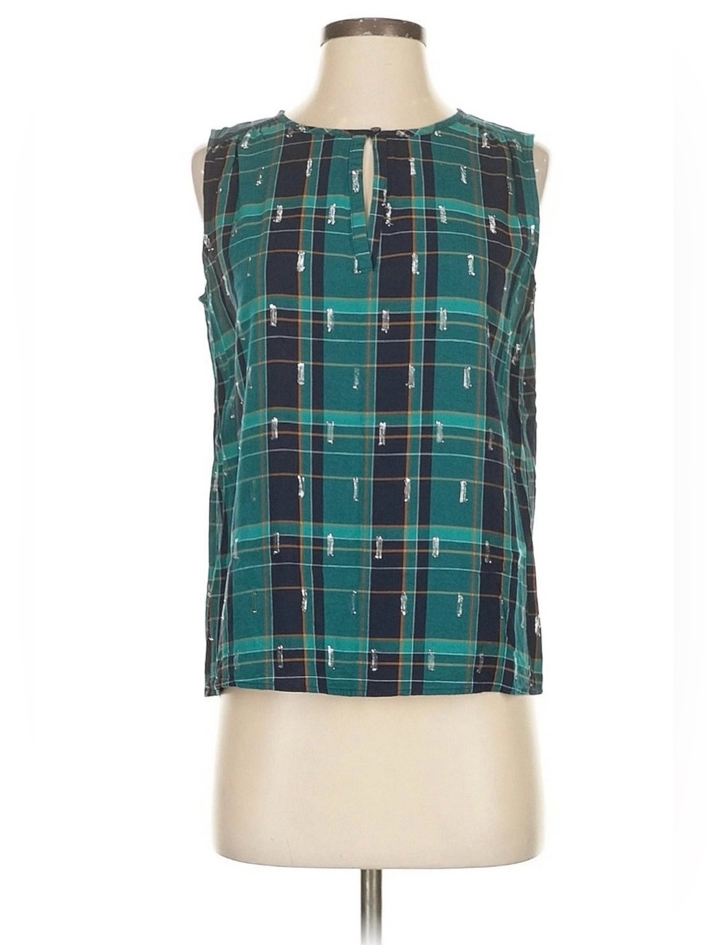 LOFT Plaid Sleeveless Blouse Metallic Thread Tank Top Preppy Academia Office  M